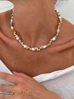 Уникално ръчно изработено колие от 6 мм естествени бели речни перли и позлатен хематит абакус стоманени накрайници - KA1147